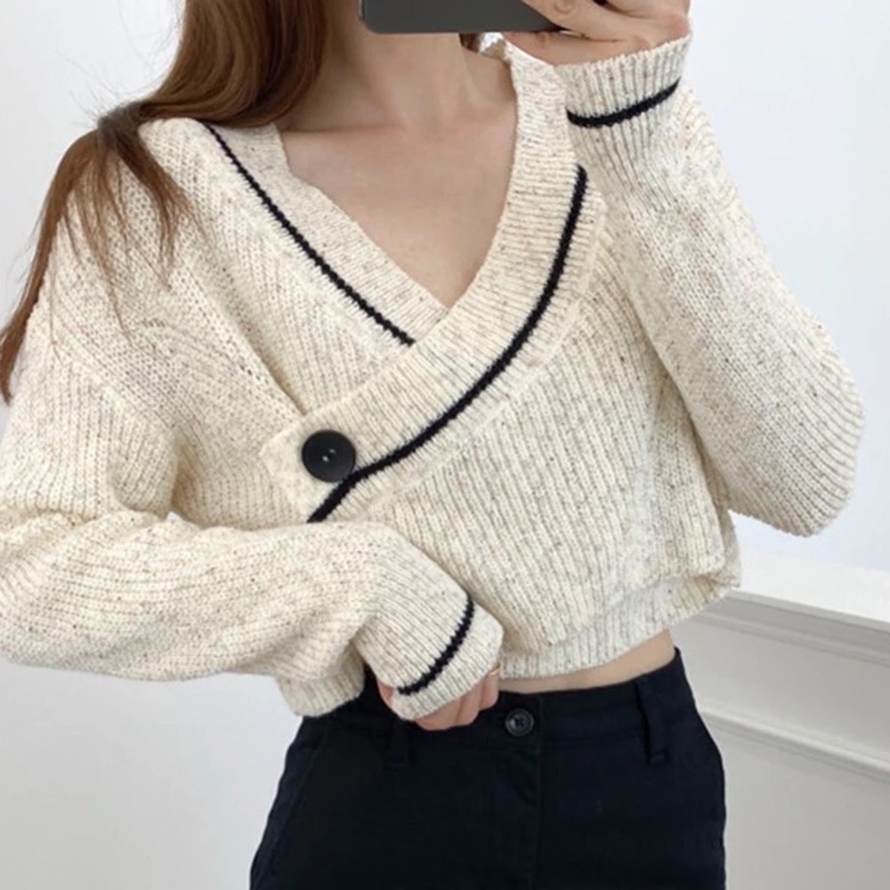 Sweater knit cream womens button short long sleeve top French style - Picture 4 of 7